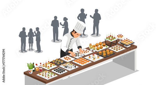 Chef preparing gourmet appetizers at elegant event with guests socializing