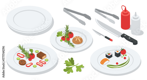 Isometric culinary set with plates, sushi, and cooking utensils for kitchen design