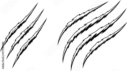 Vector illustration of animal claw scratches, monster slash marks, beast attack tear design, horror ripped skin effect, wild creature claw marks.