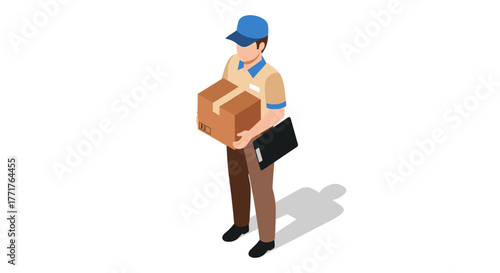 Delivery person in isometric style carrying a package and clipboard