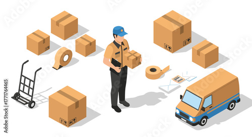 Isometric delivery scene with packages, van, and worker