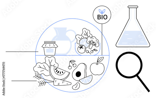 Fresh fruits, vegetables, and grain near a bio label, laboratory flask, and magnifying glass. Ideal for organic product testing, sustainability, health, research food safety eco-living simple flat