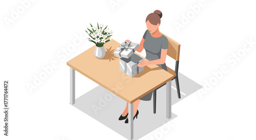 Woman opening gift box at table with vase of flowers in isometric style