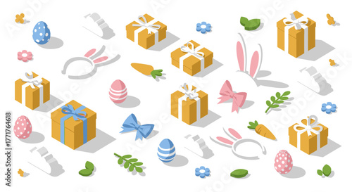 Isometric easter gifts and decorations with colorful eggs and bunny ears