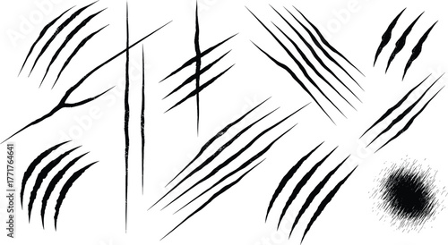 Vector illustration of multiple claw scratch marks, wild animal attack slashes, monster rip effects, horror torn skin texture, grunge scratch line design art.