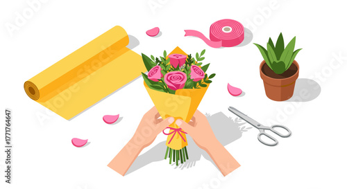 Crafting a floral bouquet with roses and tools in isometric design