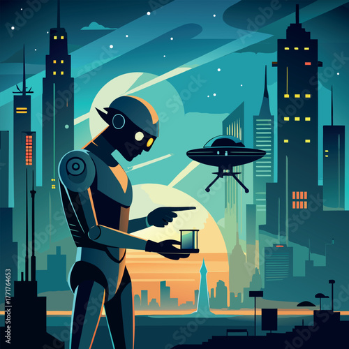 Silhouette of a humanoid robot repairing a flying drone under city lights