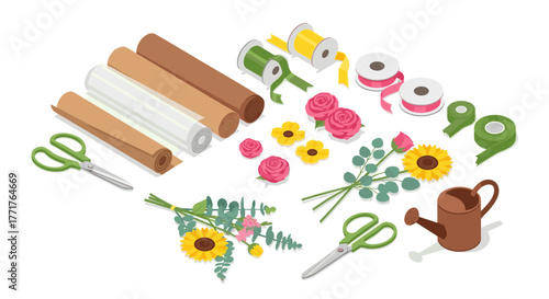 Floral arranging tools and materials in isometric style for crafting and design