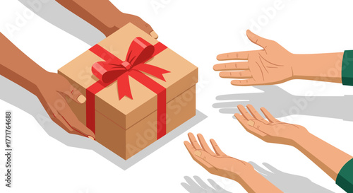 Hands exchanging a gift box wrapped with red ribbon in a flat design
