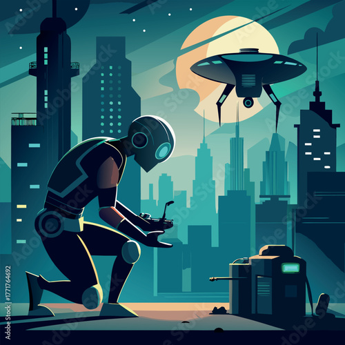Silhouette of a humanoid robot repairing a flying drone under city lights