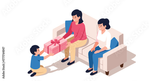 Family moments at home child giving gift to mother and grandmother on sofa