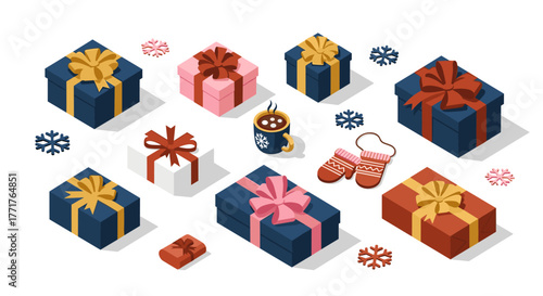 Festive isometric gift boxes with winter decorations and hot chocolate