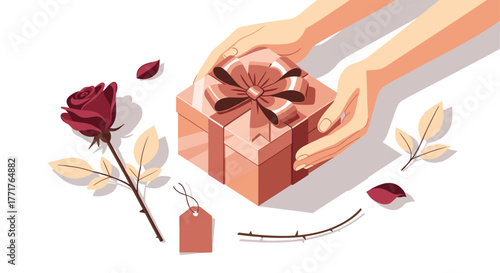 Hands offering a gift box with bow amidst roses and leaves in soft pastel tones
