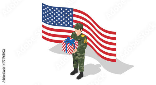 Isometric soldier holding a gift box in front of the american flag