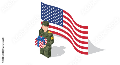 Isometric soldier holding gift box with american flag background