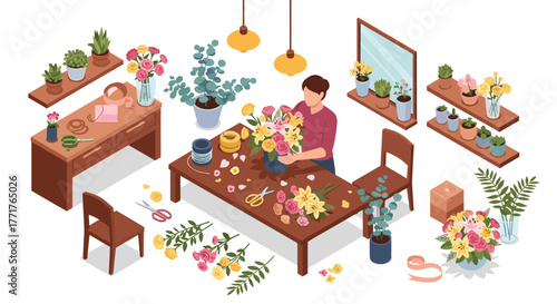 Isometric flower shop creative floral arrangement and design workspace