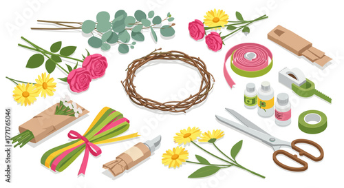 Florist's crafting tools and supplies in detailed isometric style