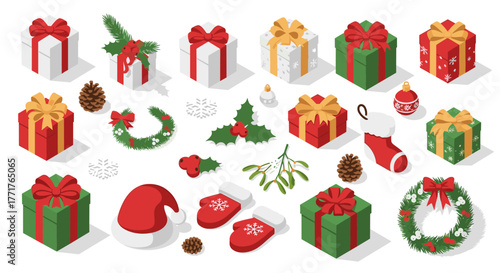 Festive isometric christmas gifts and decorations set with holly and pinecones