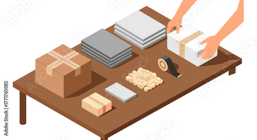 Isometric packing table with boxes, tape and bubble wrap in modern workspace