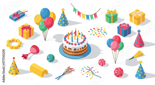 Isometric birthday celebration elements with cake, balloons, and gifts