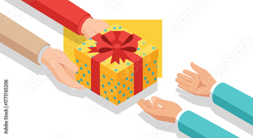 Colorful gift exchange with hands and wrapped present in flat design