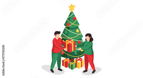 Festive couple exchanging gifts in front of a christmas tree