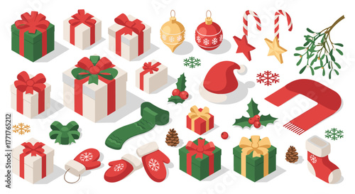 Festive holiday elements collection gift boxes, decorations, and winter accessories