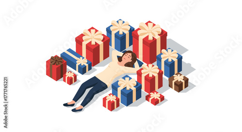 Relaxed woman lounging among wrapped holiday gifts in isometric style