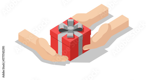 Hands passing a gift box with decorative ribbon in isometric style