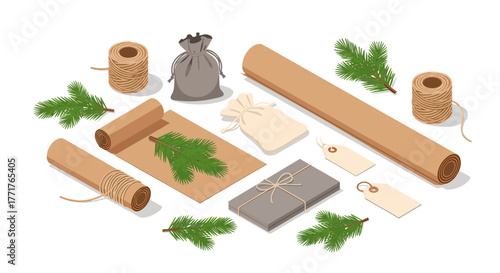 Ecofriendly gift wrapping with natural elements and brown paper