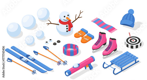 Winter fun essentials snowman, skis, ice skates, and cozy accessories in isometric style