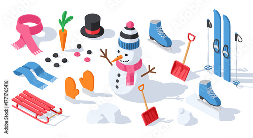 Winter activities and accessories in playful isometric style
