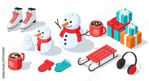 Winter fun isometric snowmen, gifts, and cozy essentials with hot chocolate