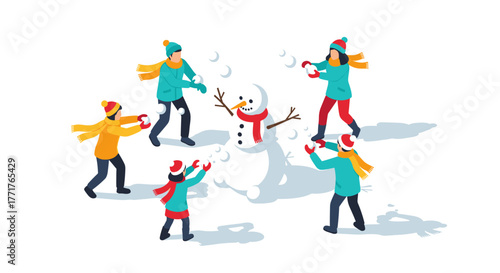Festive winter snowball fight around snowman in vibrant flat design