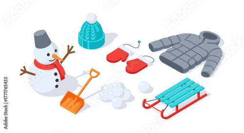 Winter fun essentials in isometric style snowman, sled, and cozy clothing