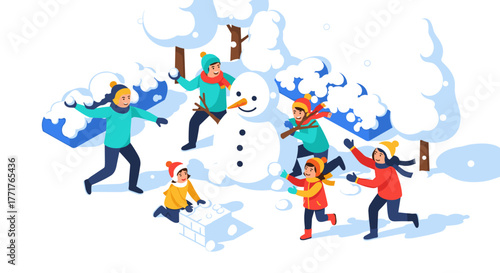 Joyful winter day with kids building a snowman in a snowy landscape