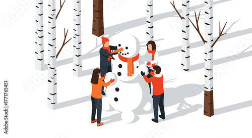 Winter fun group building snowman in birch forest isometric art