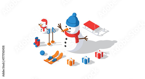 Isometric winter fun snowman, sled, and gifts in a festive scene