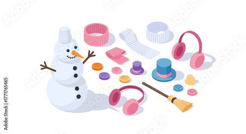 Isometric winter snowman accessories and attire set with buttons and knitwear