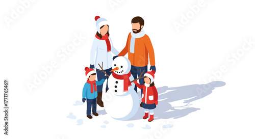 Family building snowman on winter day in isometric style with kids and parents outdoors