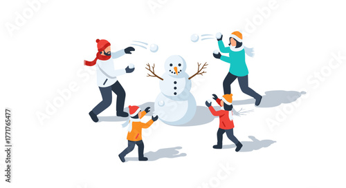 Isometric winter fun kids building snowman and playing in snowball fight