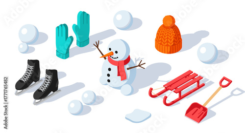Winter fun elements snowman, sleigh, warm gear in isometric style