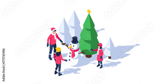 Isometric winter fun kids building a snowman among festive trees