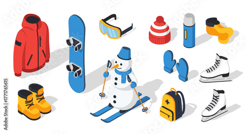 Winter sports gear and snowman isometric collection