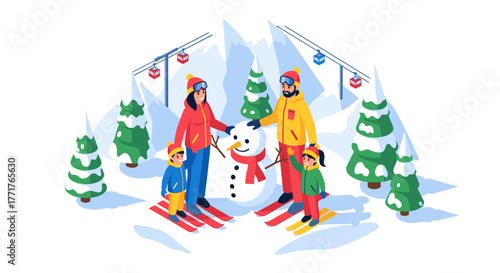 Family enjoying a winter ski trip building a snowman in a mountain landscape