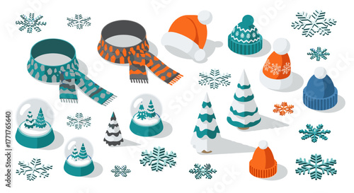 Isometric winter accessories and snowflakes with festive elements
