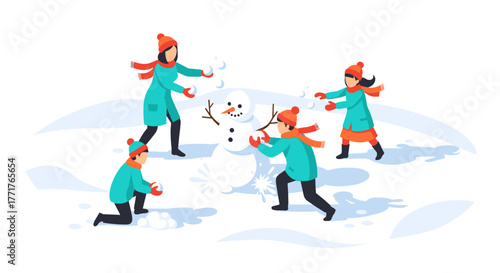 Joyful winter fun with friends building snowman in snowy landscape