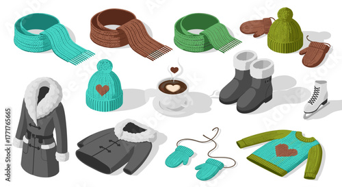 Cozy winter apparel collection scarves, mittens, beanies, and jackets in isometric style
