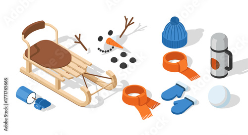 Isometric winter scene with sled, snowman, and winter accessories
