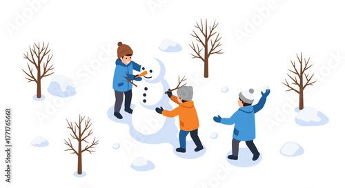 Children building a snowman in winter wonderland isometric scene